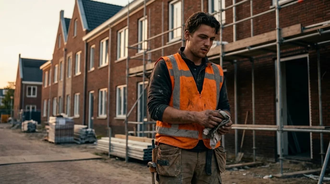 Bouwvakker op een bouwplaats met nieuwbouwwoningen in Groningen