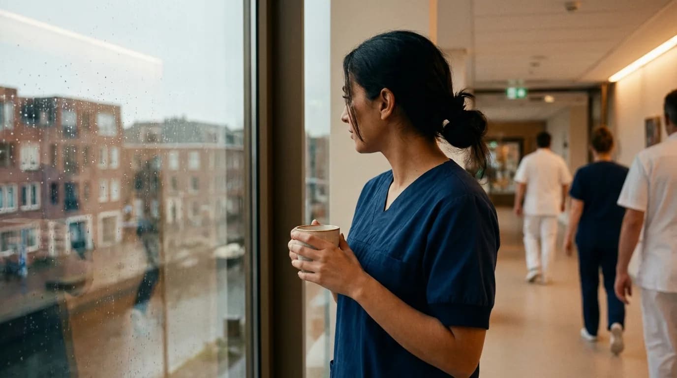 Verpleegkundige met een kop koffie in de gang van een ziekenhuis in Groningen