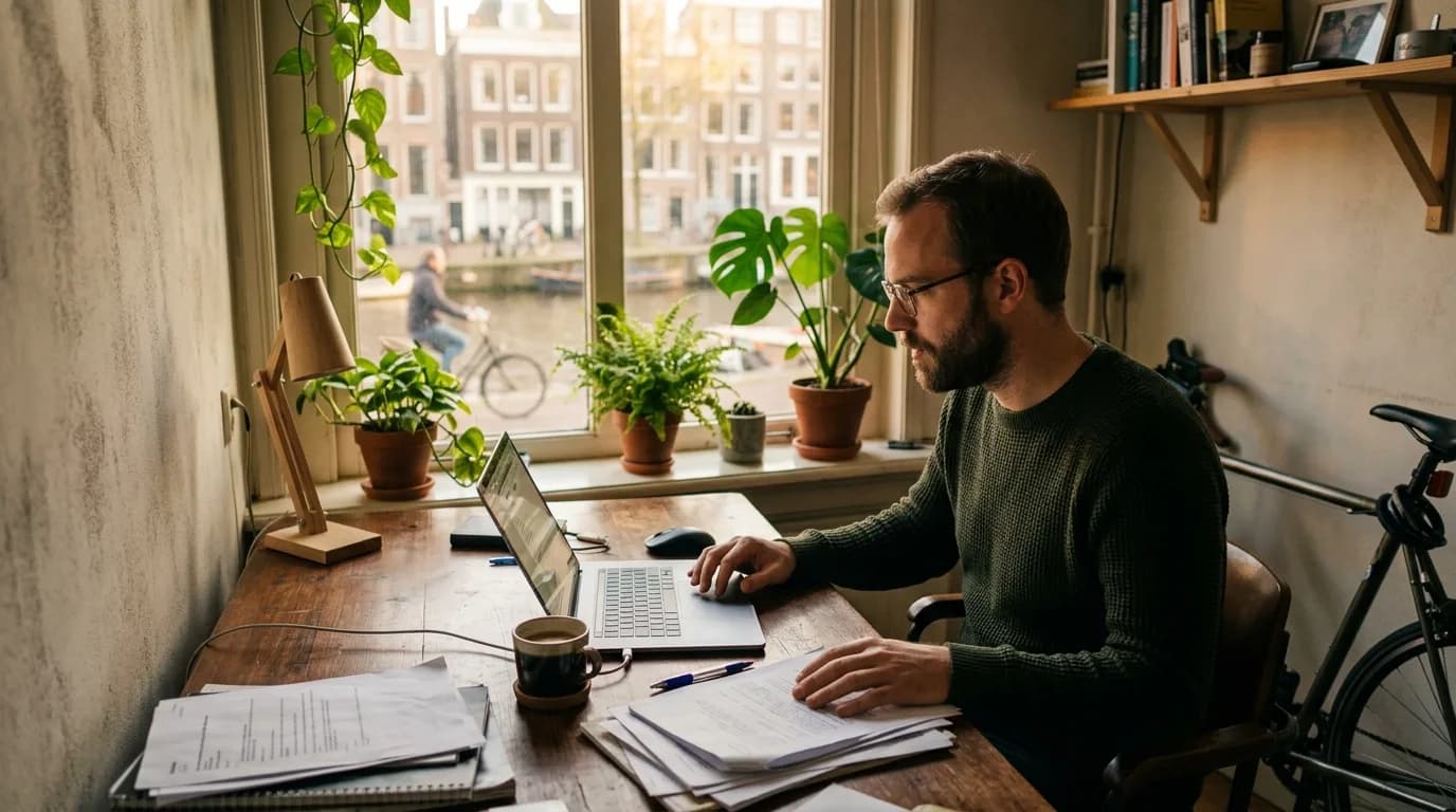 Zelfstandig ondernemer werkt aan zijn administratie in een thuiskantoor in Groningen